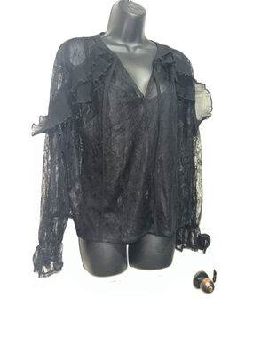 Women's Broadway Black Lace Ruffle Blouse M